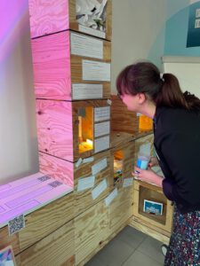 Besucherin betrachtet ein Detail am Ausstellungsregal